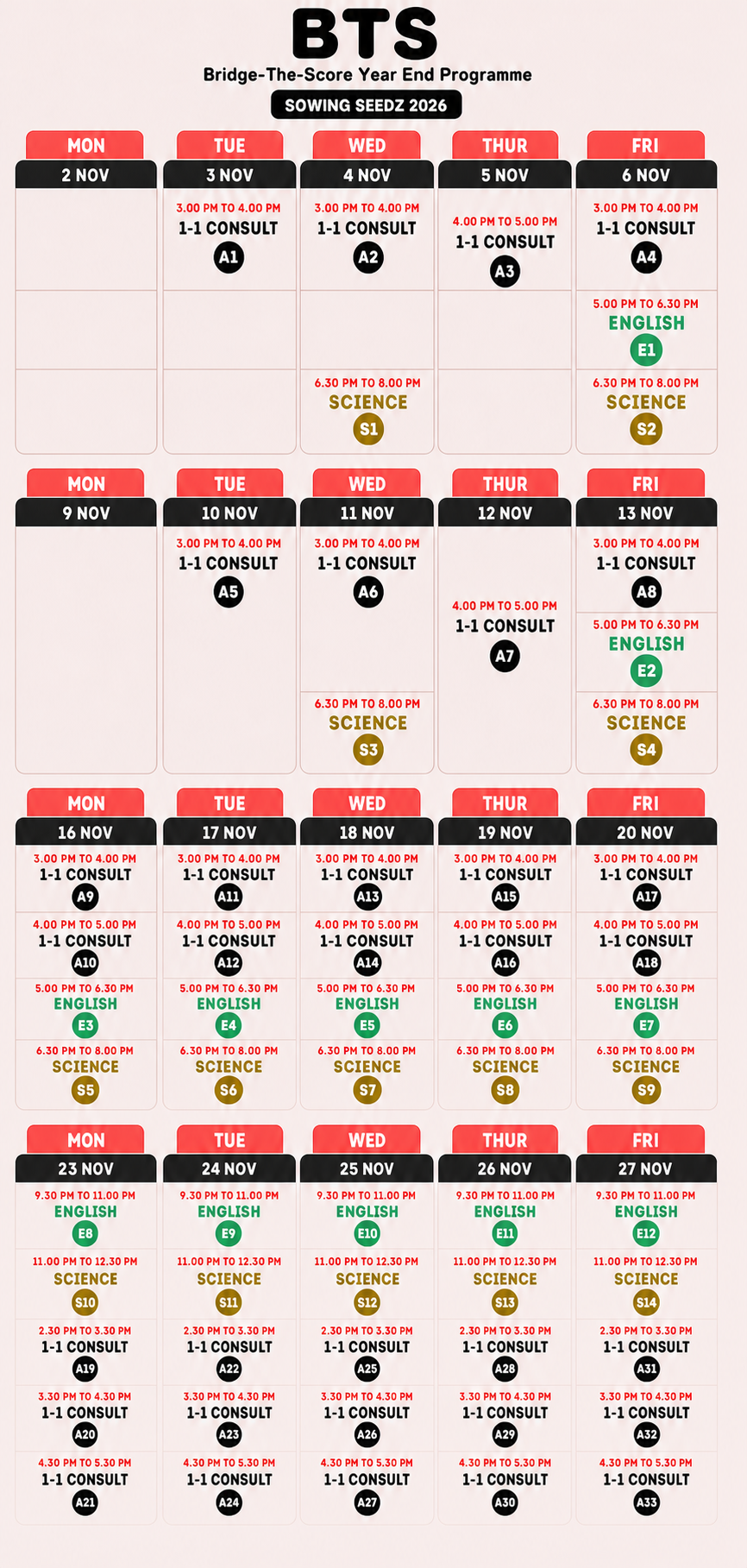 Full BTS Year End Programme calendar for November 2026